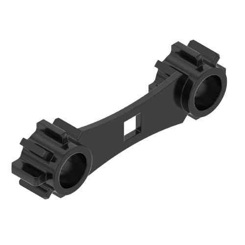 Black molded block bushing with dual cylindrical ends and reinforced center for use in tools and home improvement projects