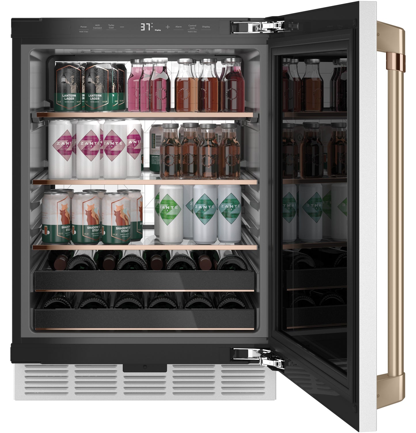 Built-in beverage center with glass door, bronze handle, adjustable shelves, and stocked with assorted drinks from appliances collection