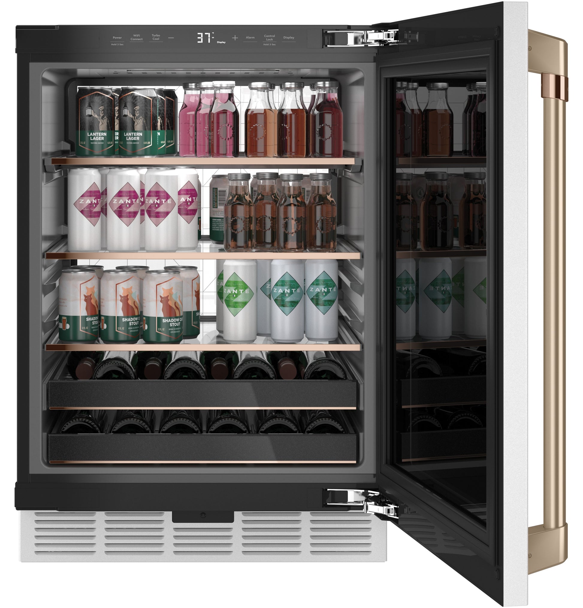 Built-in beverage center with glass door, bronze handle, adjustable shelves, and stocked with assorted drinks from appliances collection