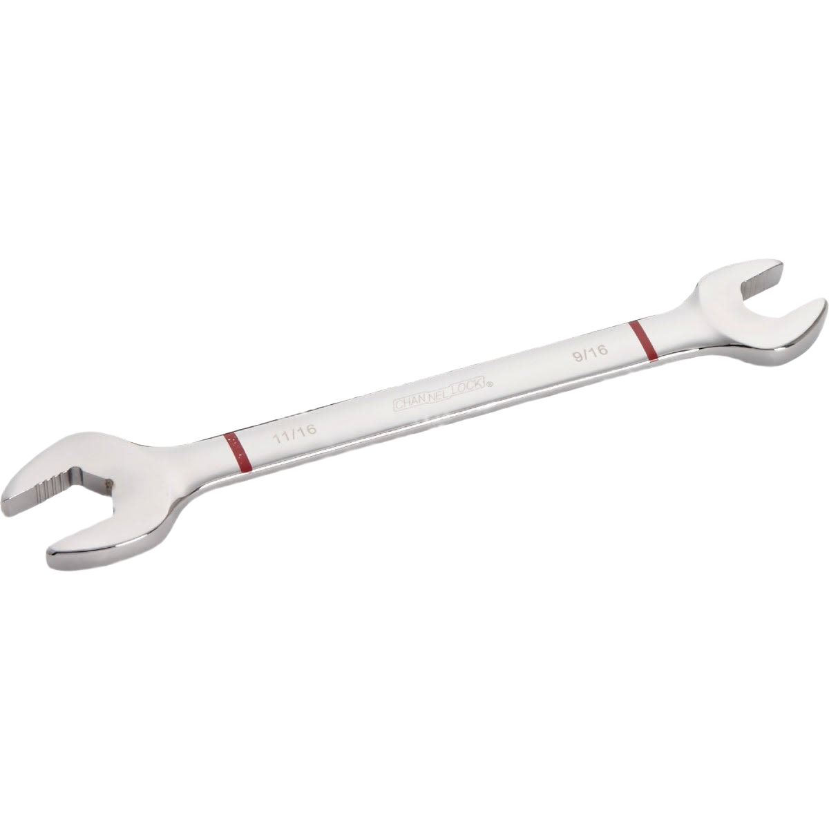 Double-ended polished metal open end wrench with 9/16 and 11/16 inch sizes for home improvement tasks
