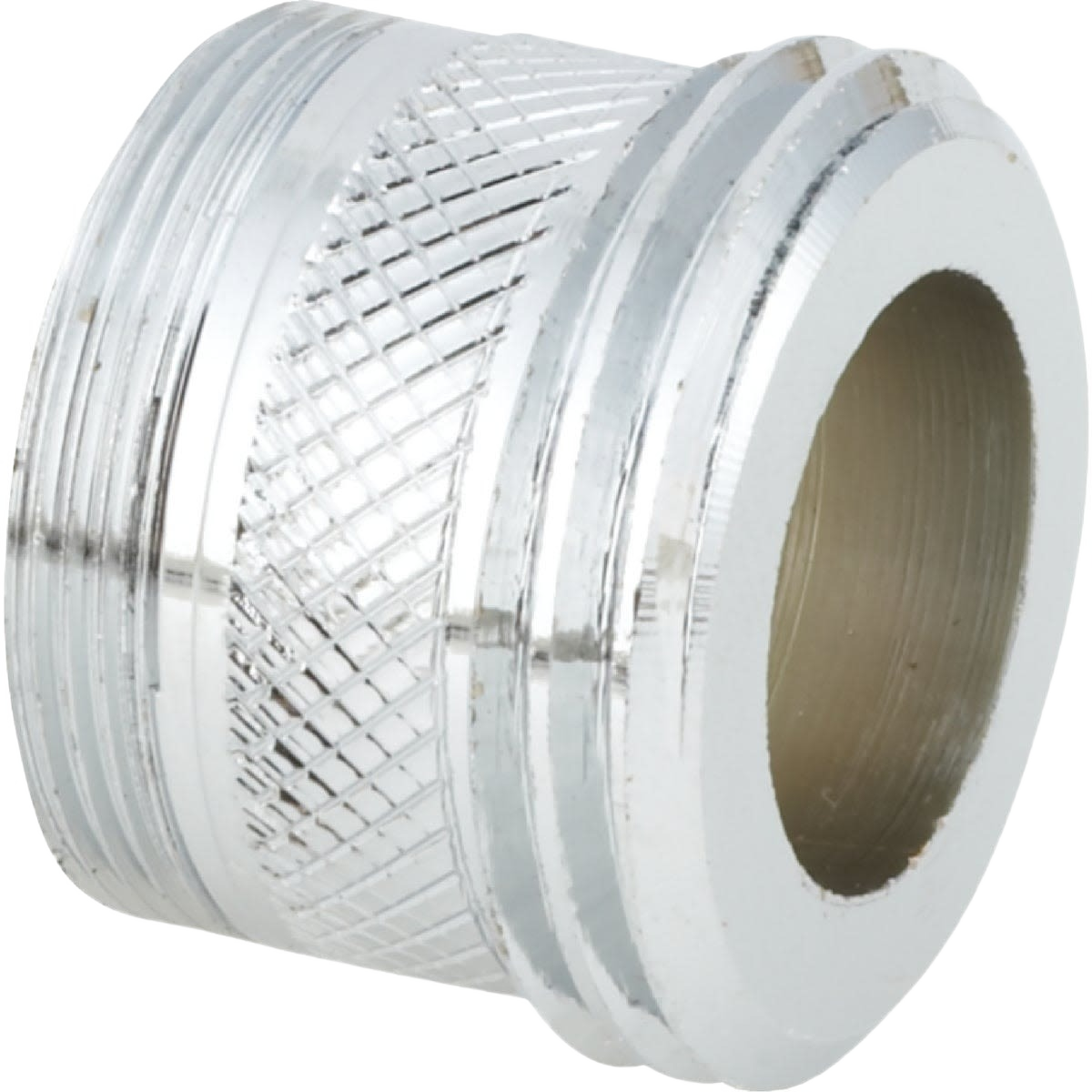 Chrome-plated aerator adapter with knurled grip designed for hose faucet connections in home improvement applications