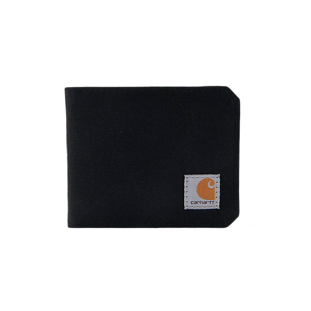 Compact black nylon bifold wallet with Carhartt logo patch for durable everyday carry in tools and home improvement tasks