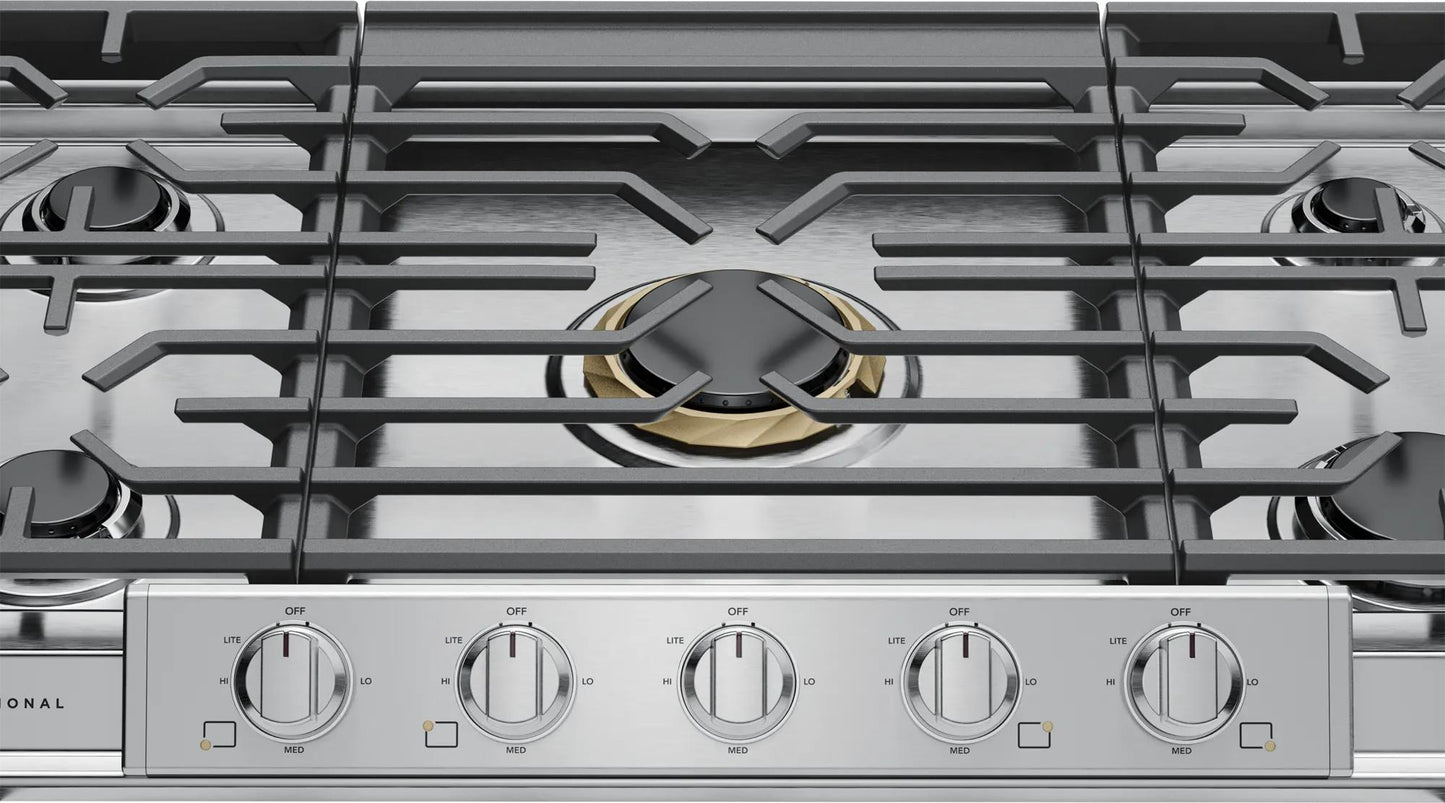 Top view of stainless steel gas cooktop with EvenTemp burner, backlit LED knobs, and dishwasher safe grates in kitchen appliances collection