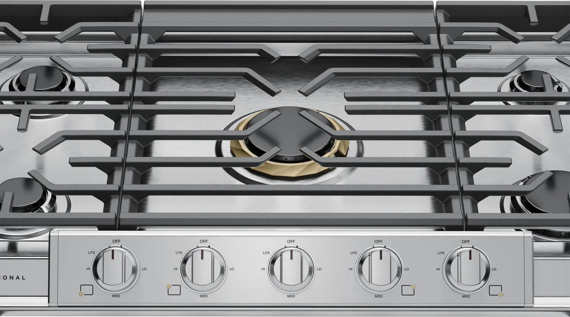 Top view of stainless steel gas cooktop with EvenTemp burner, backlit LED knobs, and dishwasher safe grates in kitchen appliances collection