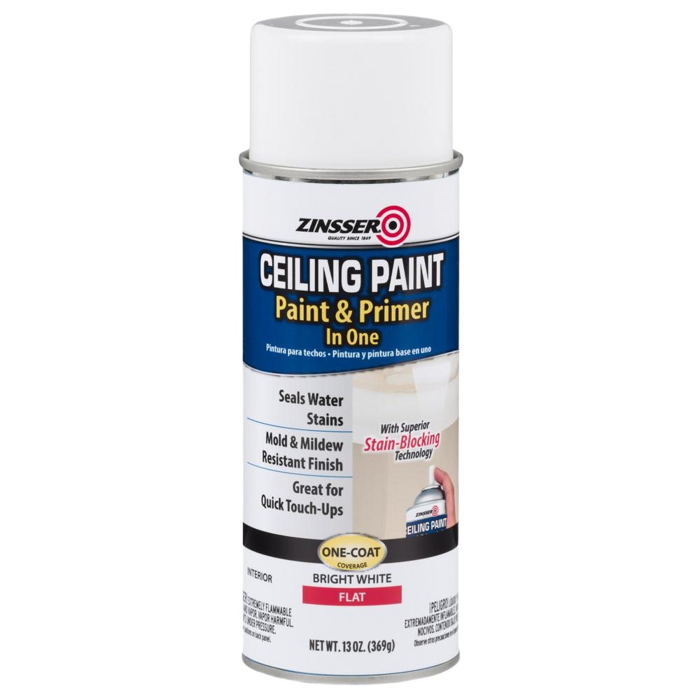 Can of Zinsser ceiling paint and primer spray with stain-blocking, mold-resistant bright white finish for home improvement collections