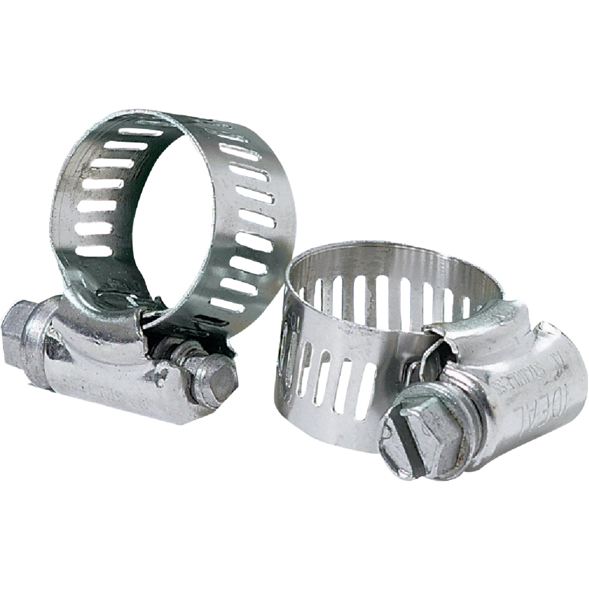 Two all stainless steel hose clamps with slotted bands and screw tightening for plumbing and home improvement use