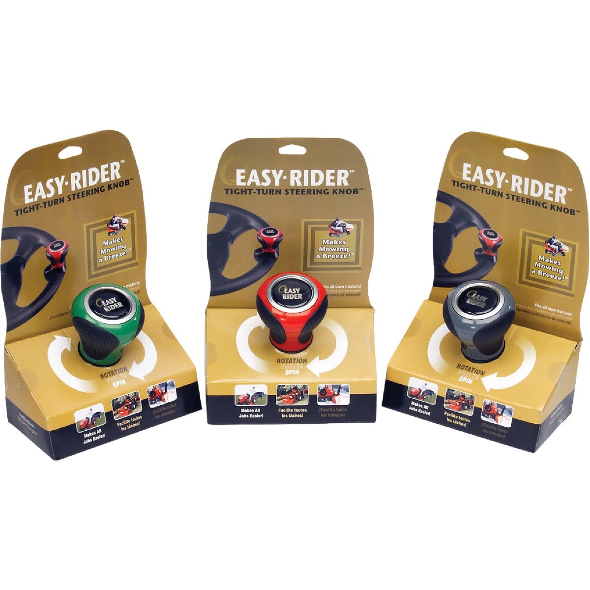 Three Easy Rider steering knobs in green, red, and blue, displayed in packaging for parts and home improvement tools.