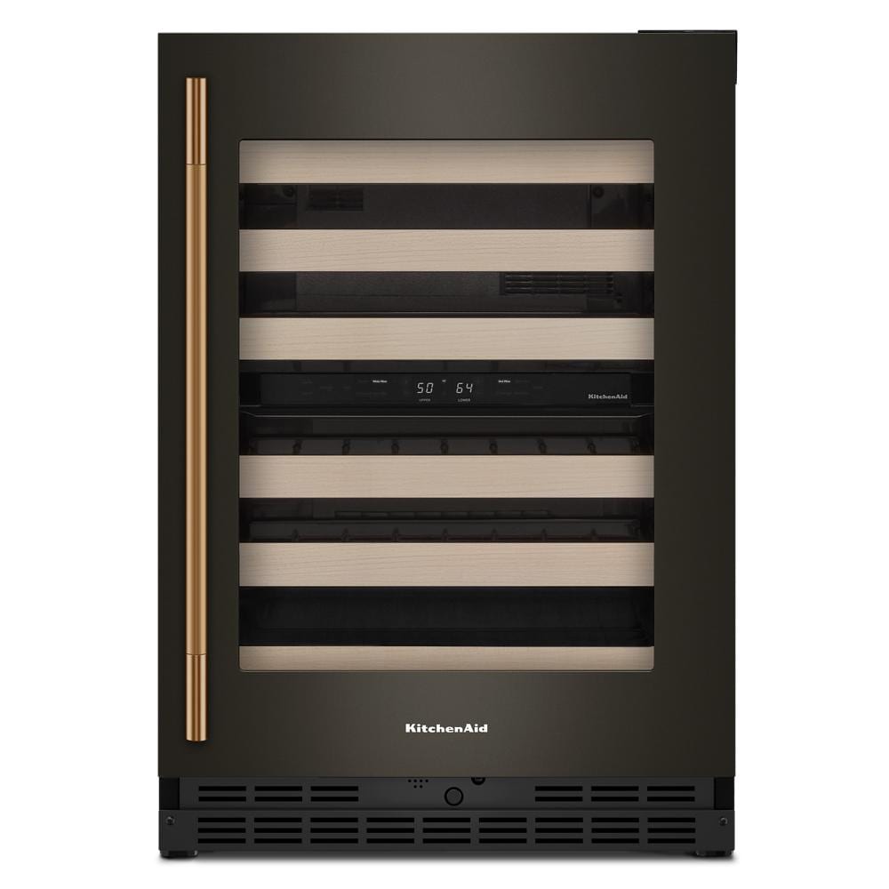Black undercounter wine cellar with wood-front racks, bronze handle, digital controls, and KitchenAid branding