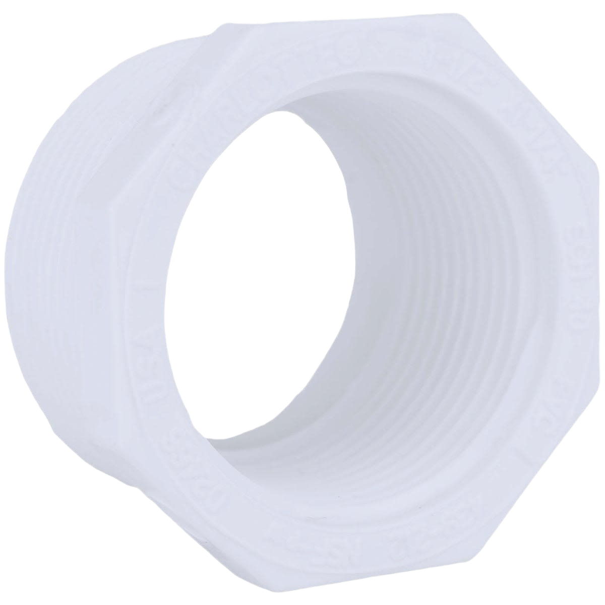 White threaded PVC bushing adapter designed for pipe fitting and home improvement plumbing projects
