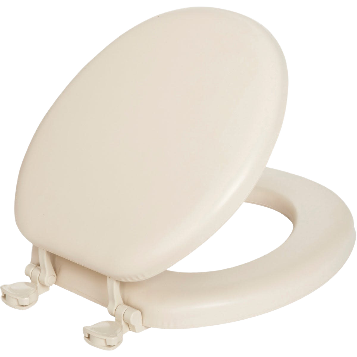 Round cushioned vinyl toilet seat with molded wood core designed for bathroom and toilet seat collections under $100