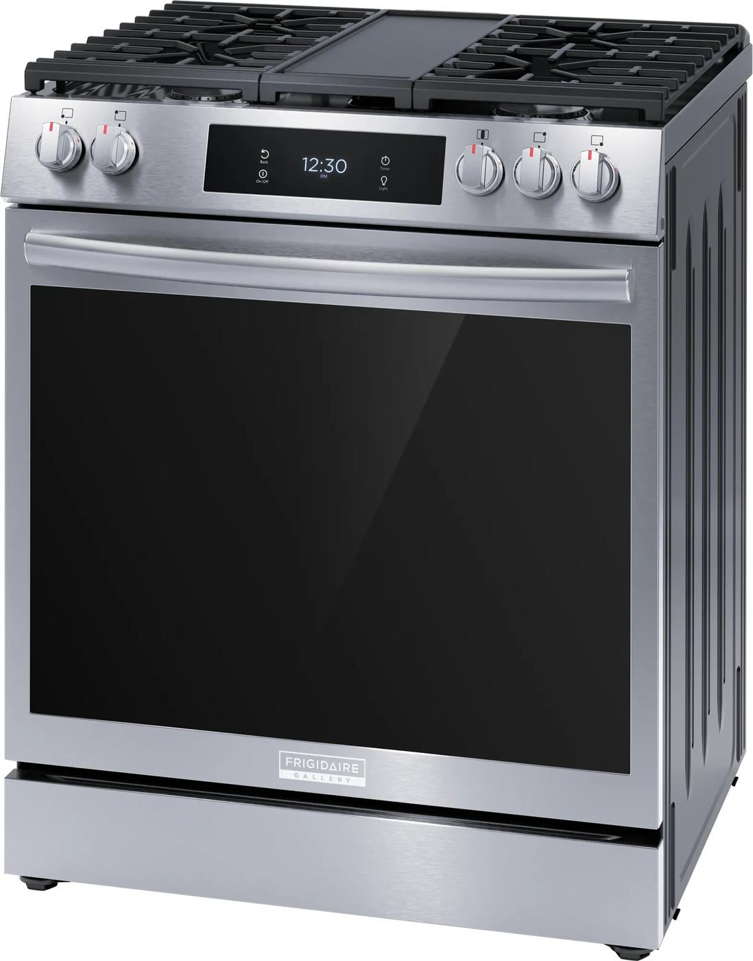 stainless steel front control gas range with digital display and five burners from kitchen appliances collection