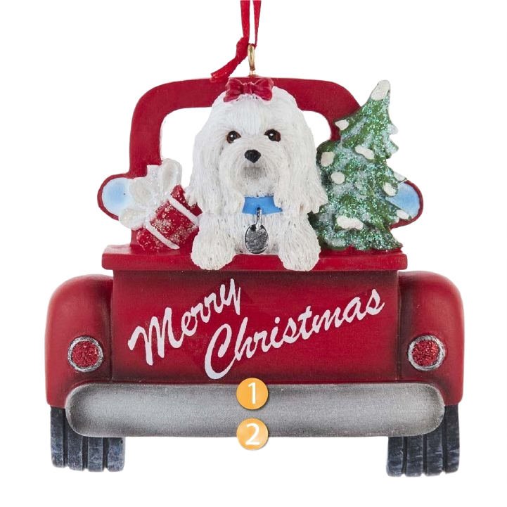 Red truck ornament with a white Maltese dog and Christmas tree, featuring a "Merry Christmas" message
