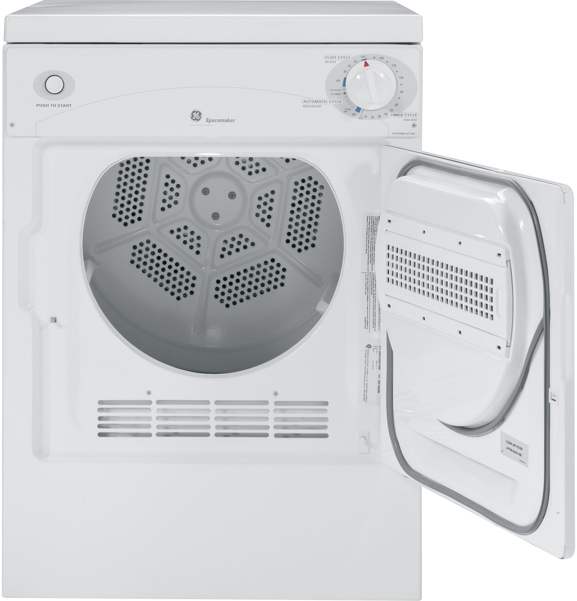 White GE Spacemaker portable electric dryer with open door showing drum and control knob in dryers collection