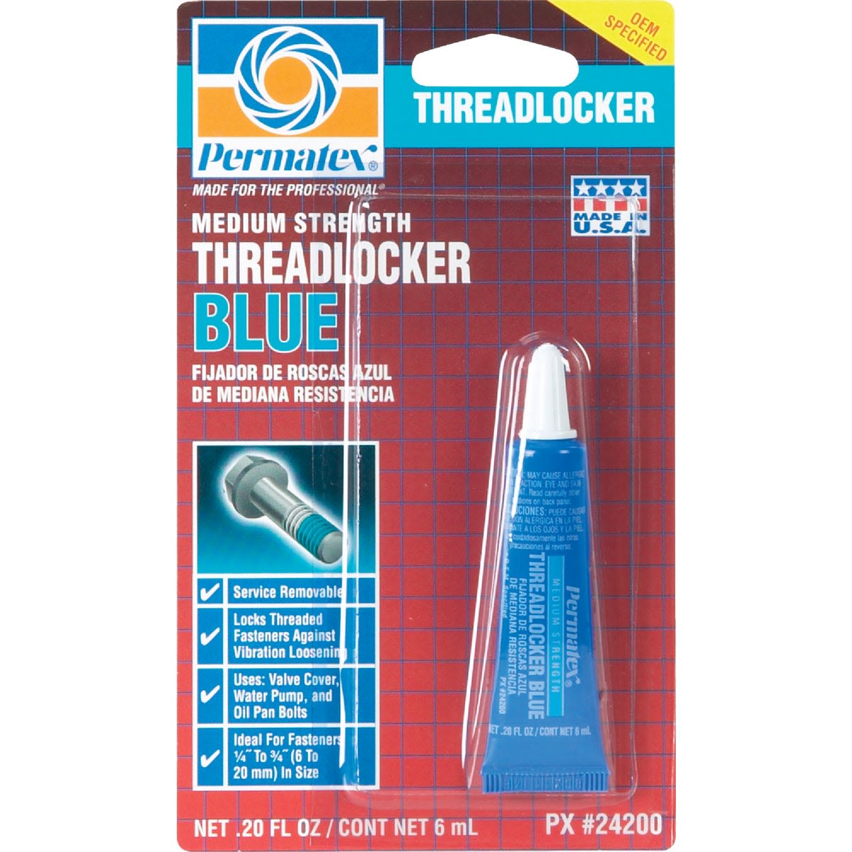 Blue medium strength threadlocker in a small squeeze tube for securing threaded fasteners in home improvement tasks