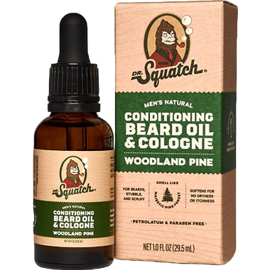 Brown glass bottle with black dropper and woodland pine scented conditioning beard oil and cologne packaging