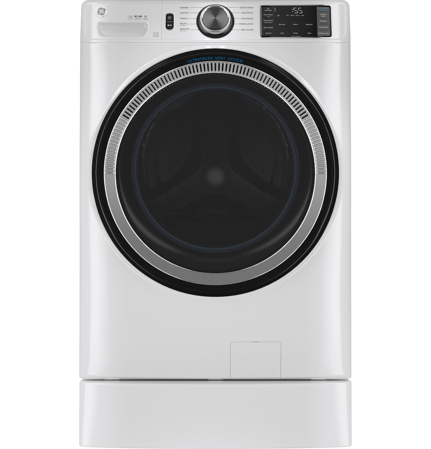Front view of white front-load dryer set on matching riser in Appliance Parts & Accessories and Dryer collections
