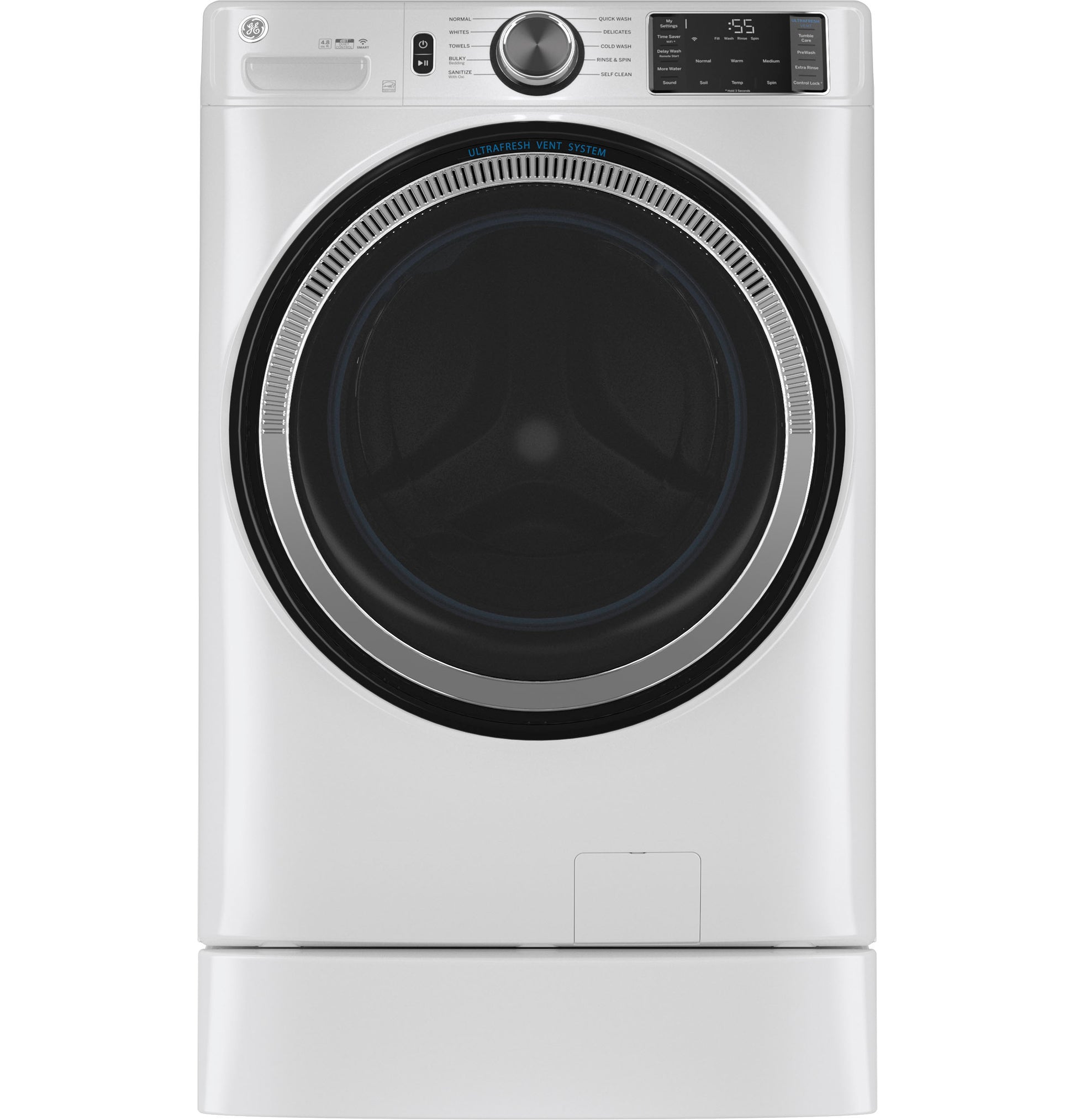 Front view of white front-load dryer set on matching riser in Appliance Parts & Accessories and Dryer collections