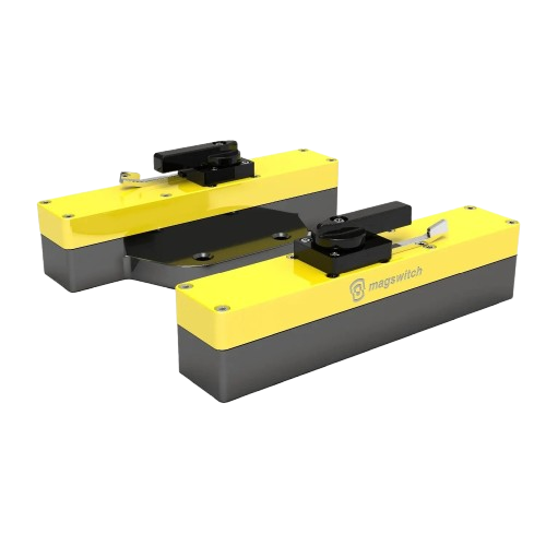 Pair of yellow and gray magnetic mounts with black switches for power tools in saw accessories and tool accessories collections