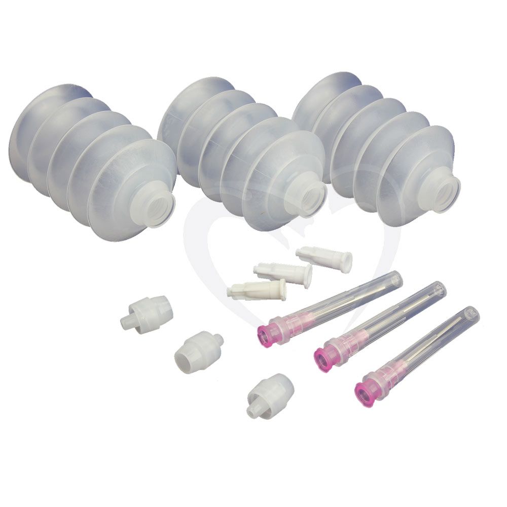 Three translucent squeeze bottles with assorted white and clear plastic applicator tips for home improvement tasks