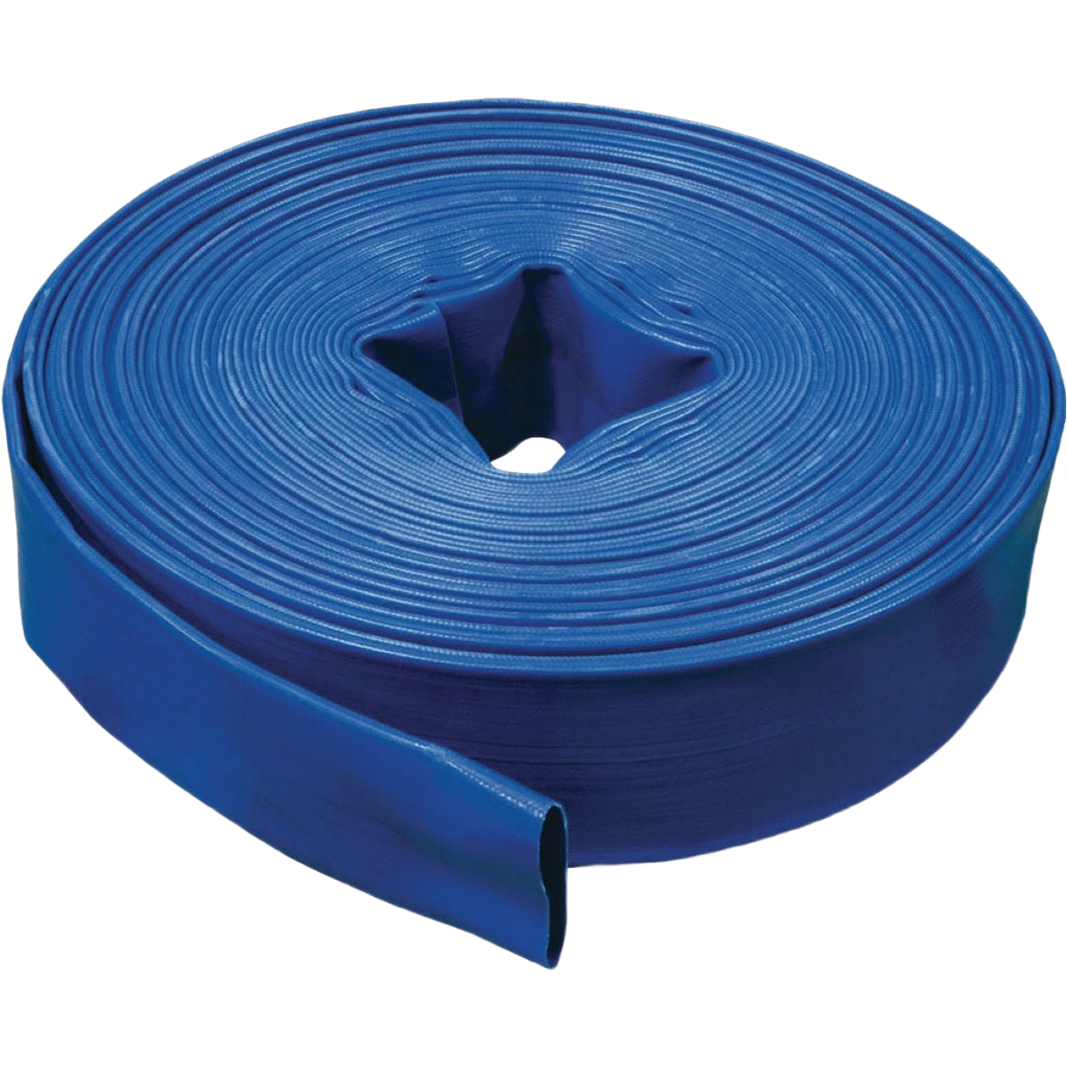 Coiled blue discharge hose designed for water and light chemical pumping in plumbing parts and repair collection