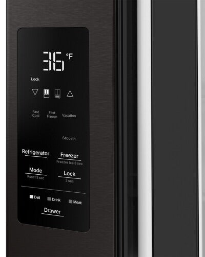 Control panel close-up on sleek dark gray French door refrigerator showing digital temperature and mode options