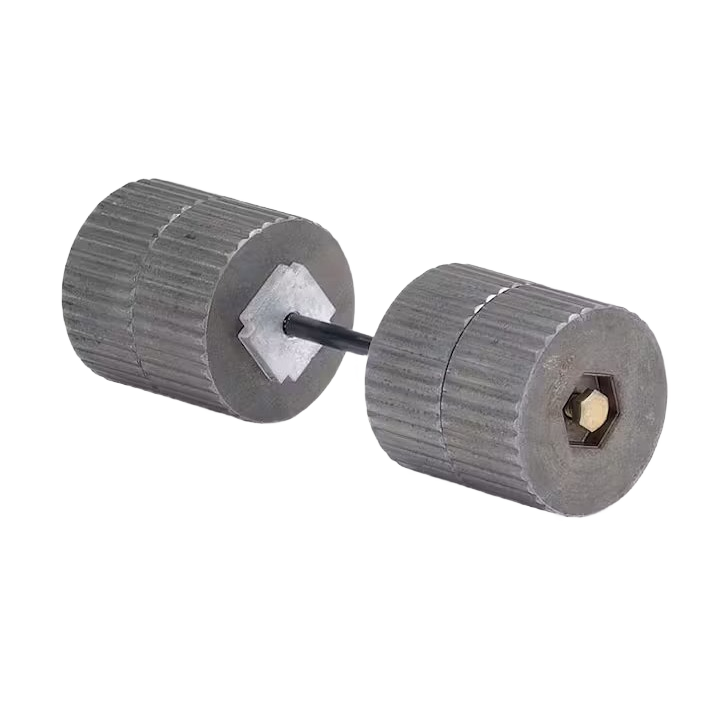 Pair of gray textured metal weights connected by a central rod for enhancing garden tool performance