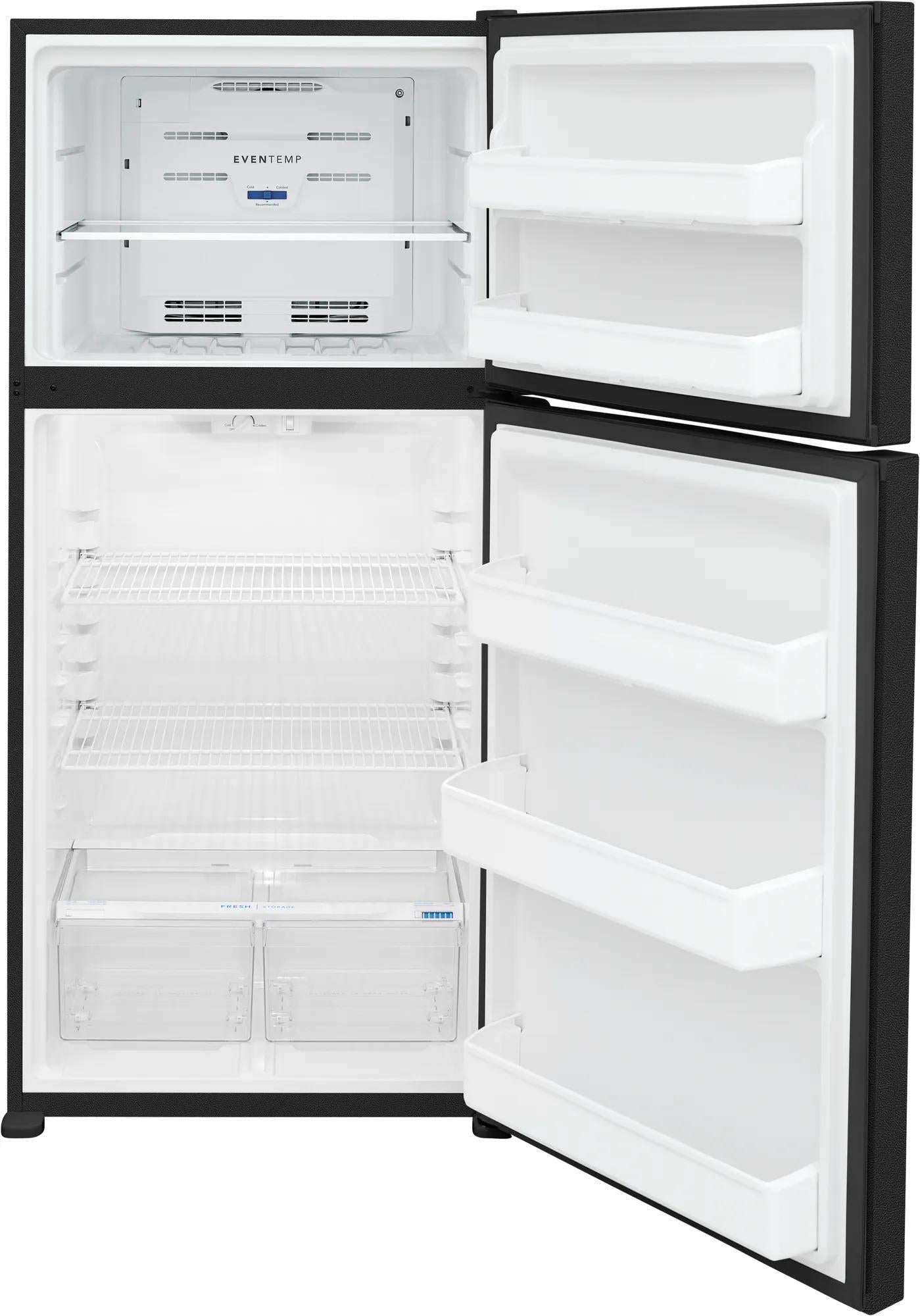 Black top freezer refrigerator with wire shelving, clear crisper drawers, and door storage in Refrigerators collection