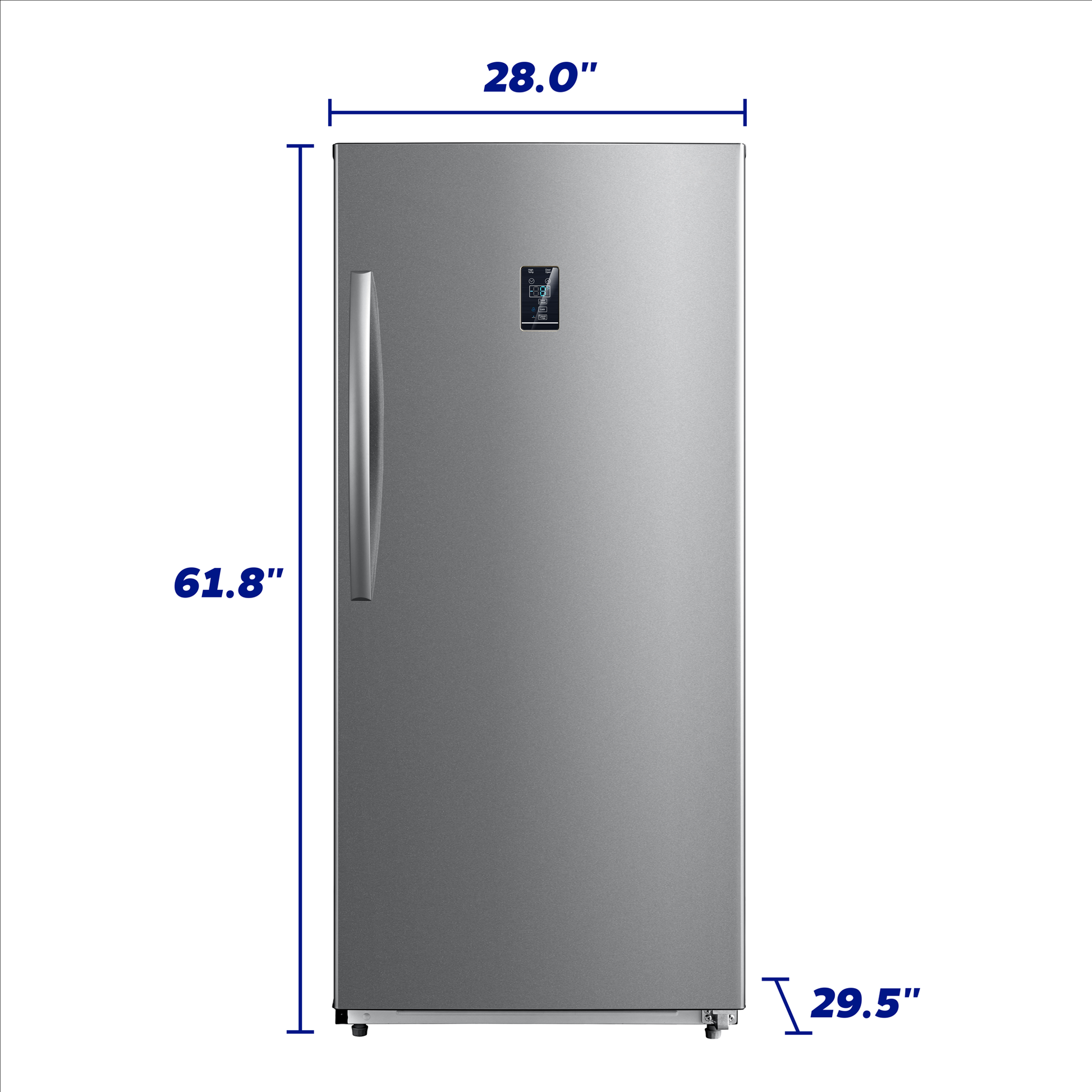 Front view of stainless steel upright freezer with digital control panel and curved handle in refrigerators collection