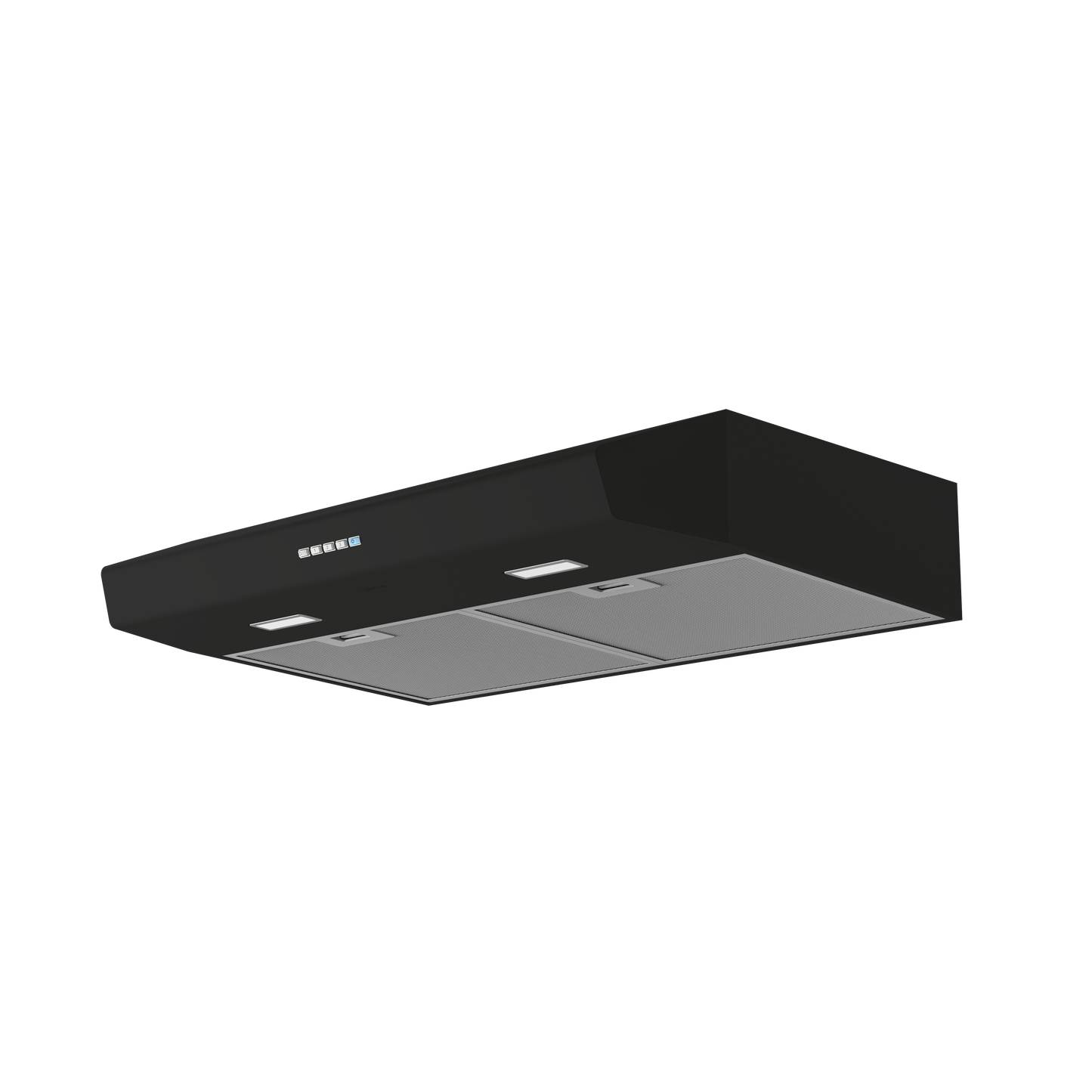 Modern black under cabinet hood with LED controls and dual ventilation filters for efficient kitchen air management