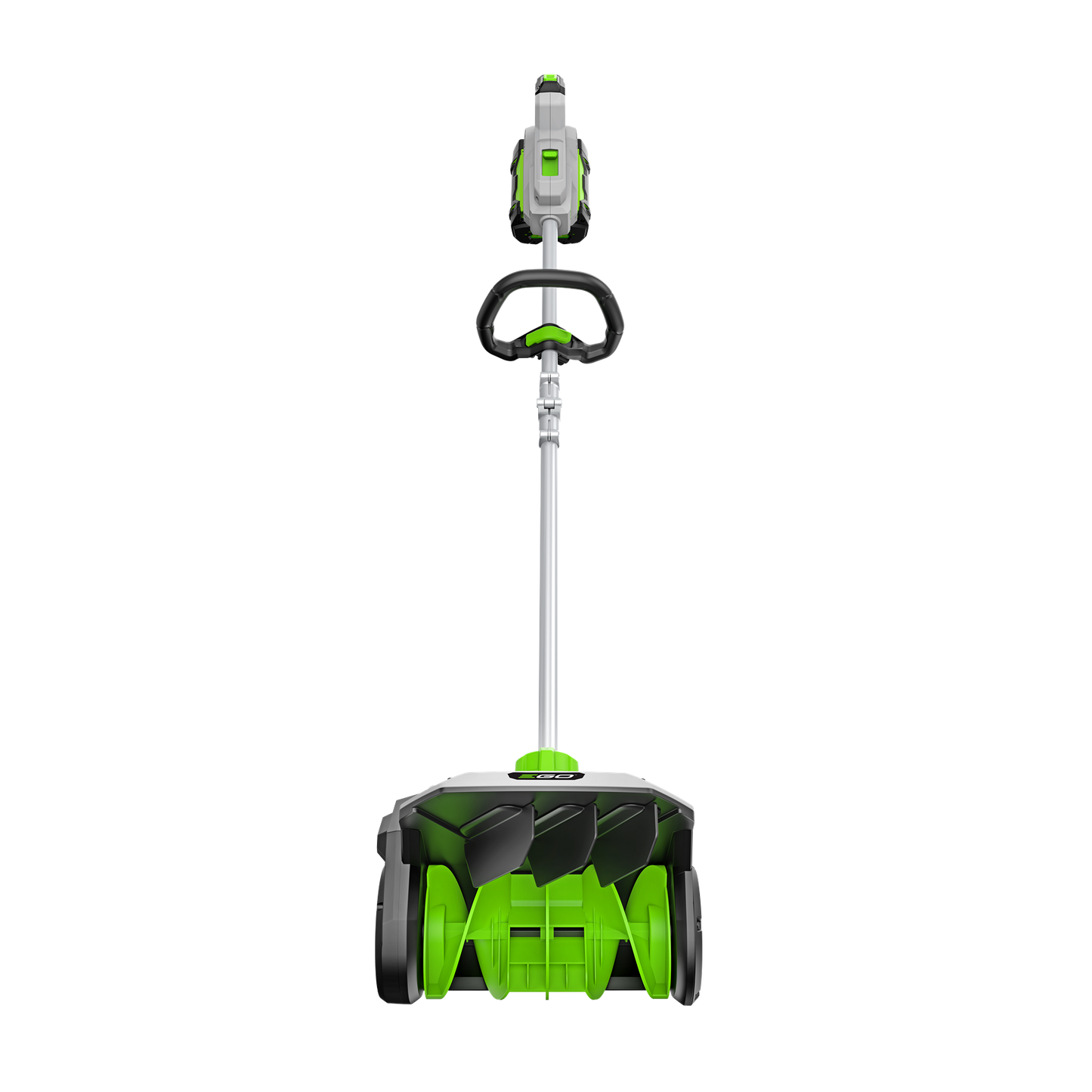 Electric snow shovel with green and black design, ergonomic handle, includes battery and charger for home improvement tasks