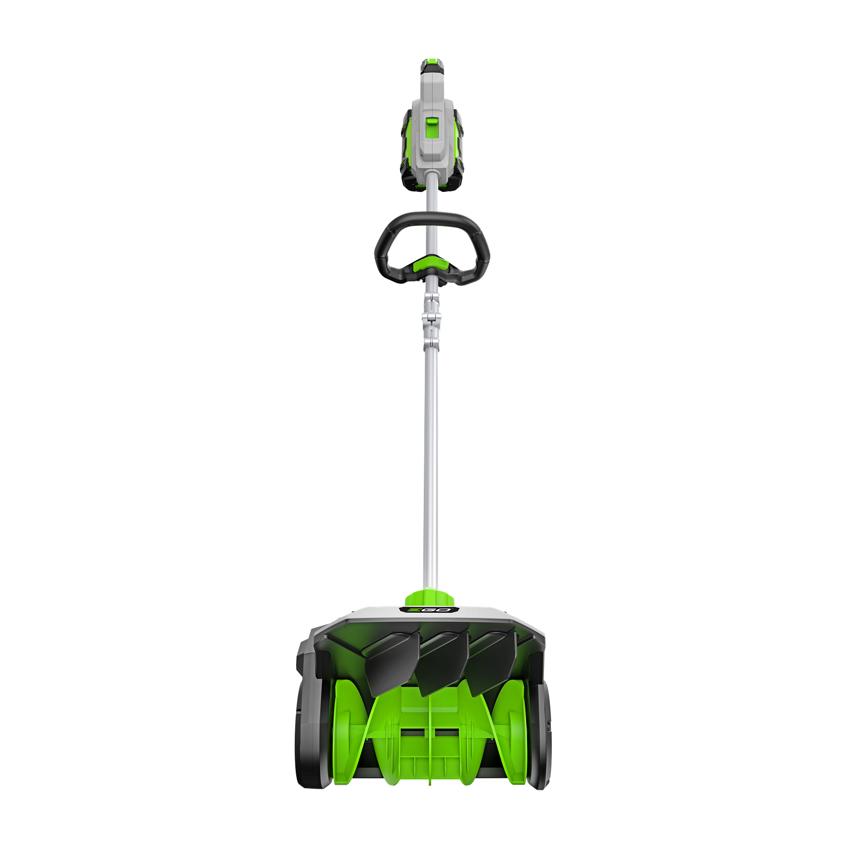 Electric snow shovel with green and black design, ergonomic handle, includes battery and charger for home improvement tasks