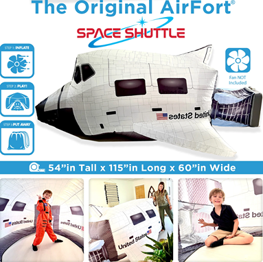 White inflatable space shuttle play tent with United States flag design for indoor and outdoor kids recreation and fun