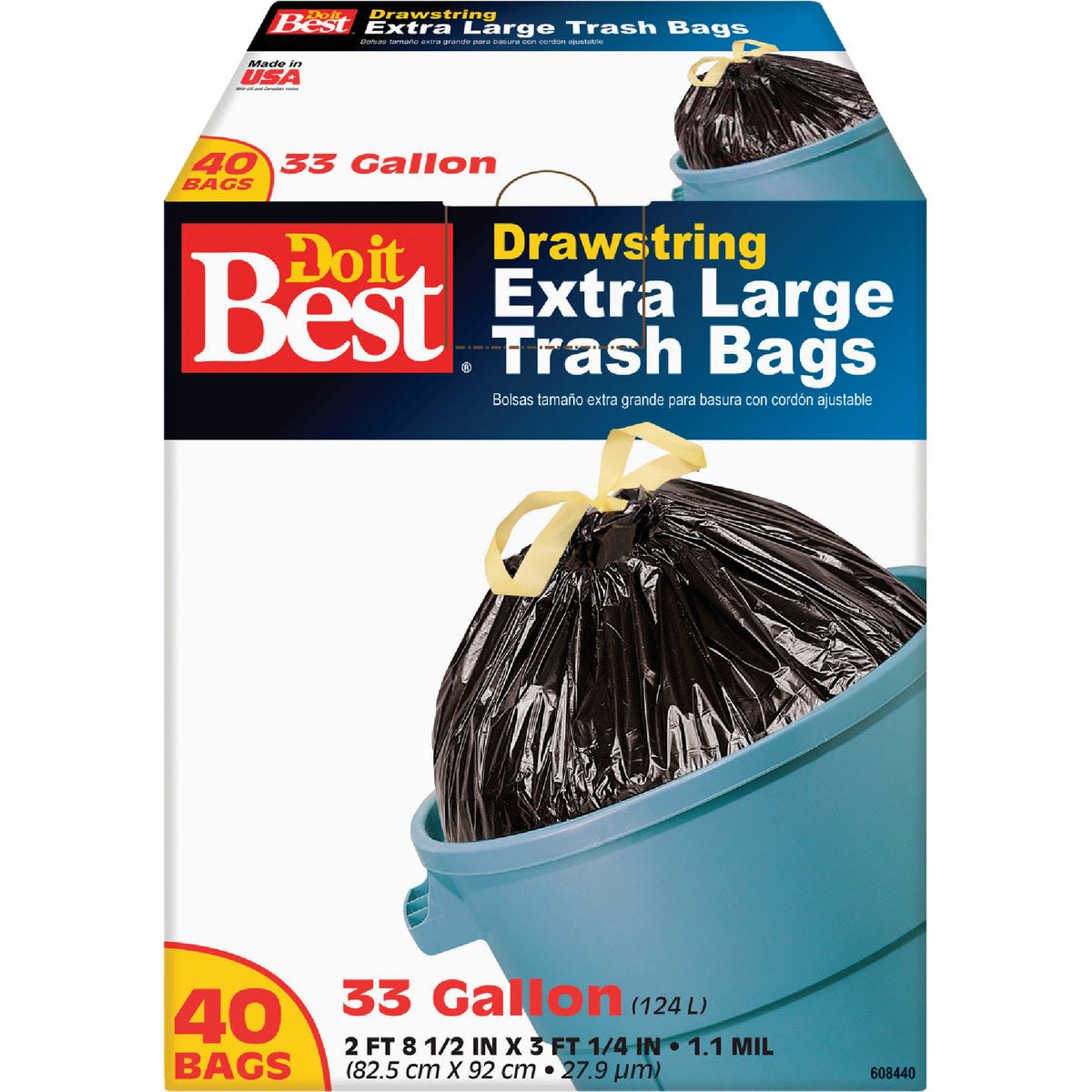 Box of black extra large 33 gallon drawstring trash bags for cleaning and waste disposal in home and outdoor tasks