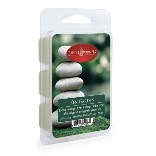 Clamshell package of soy blend wax melts with zen garden design and eucalyptus and spearmint scent description