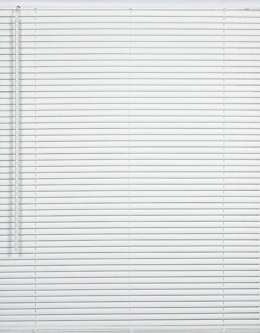White vinyl cordless mini blind with tilt wand for light control and home improvement applications