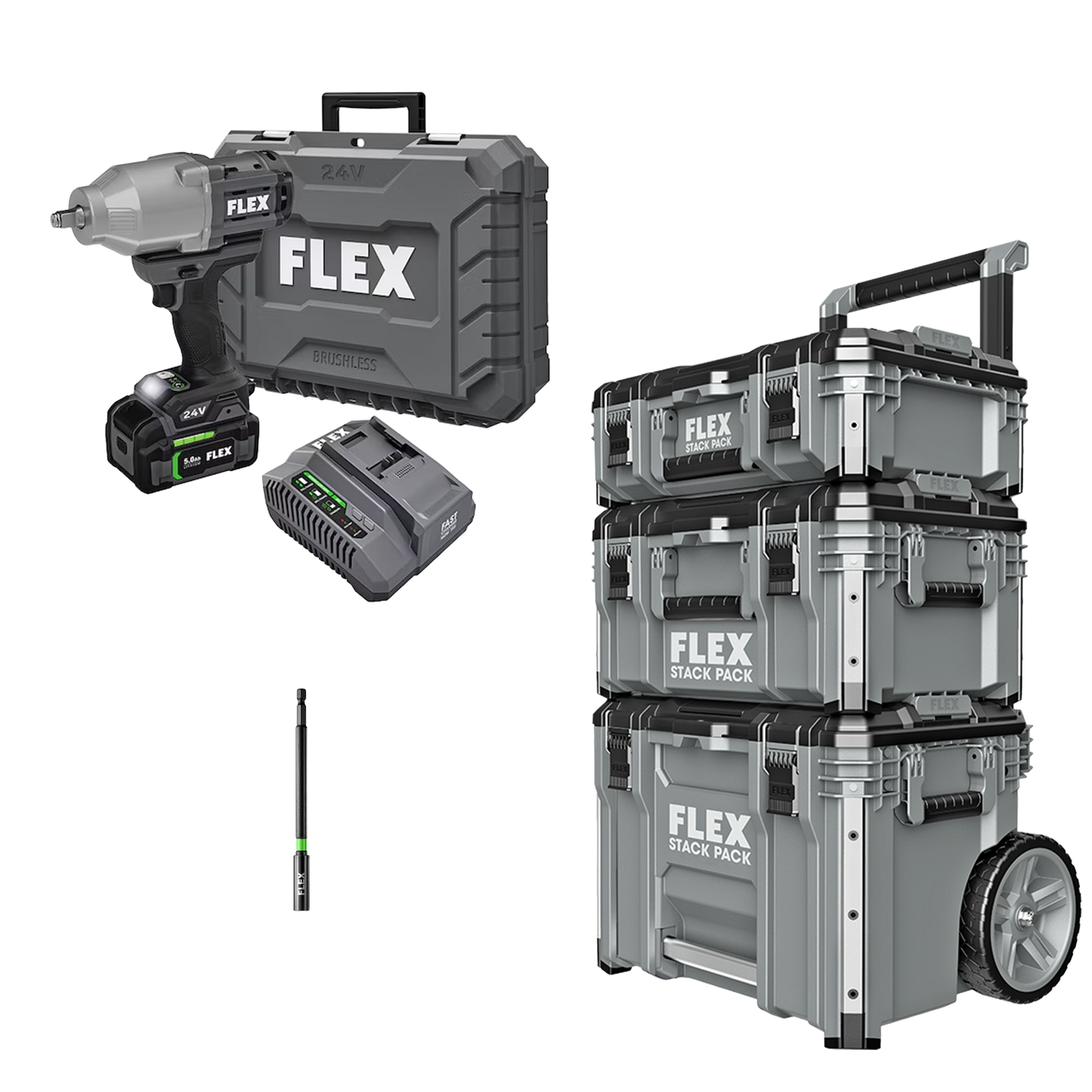 FLEX 1/2" High Torque Impact Wrench Kit + 6.0Ah Stacked Lithium Battery & Stack Pack™ 3-Pc. Storage System