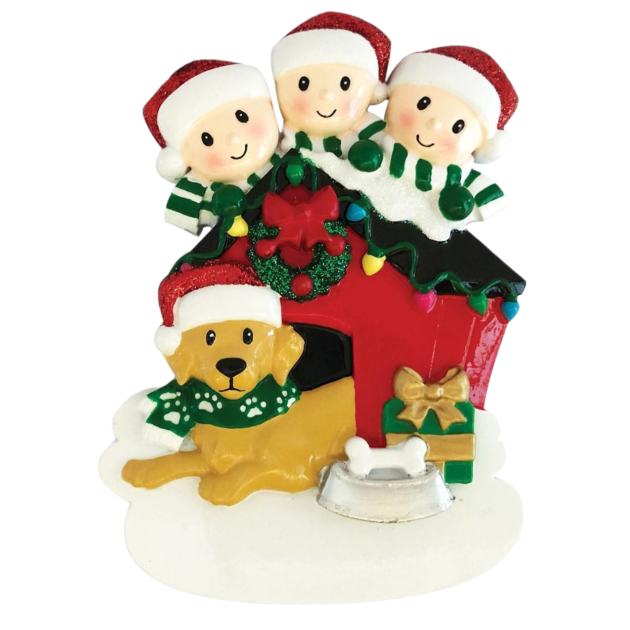 Family of three with dog wearing Santa hats and scarves by red doghouse in Christmas Ornaments & Tree Decorations collection
