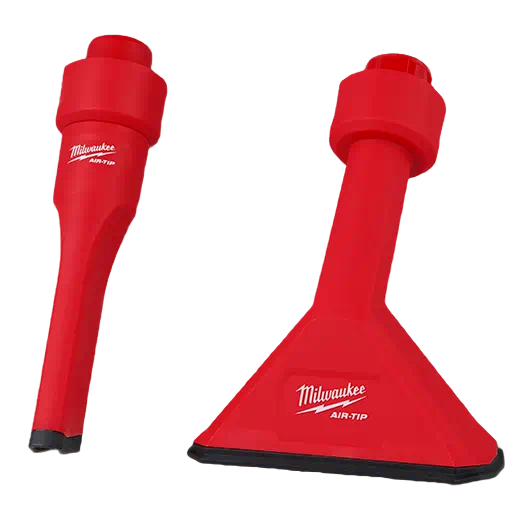 Red Milwaukee AIR-TIP non-marring crevice and utility nozzles for dust collection and woodworking tools.