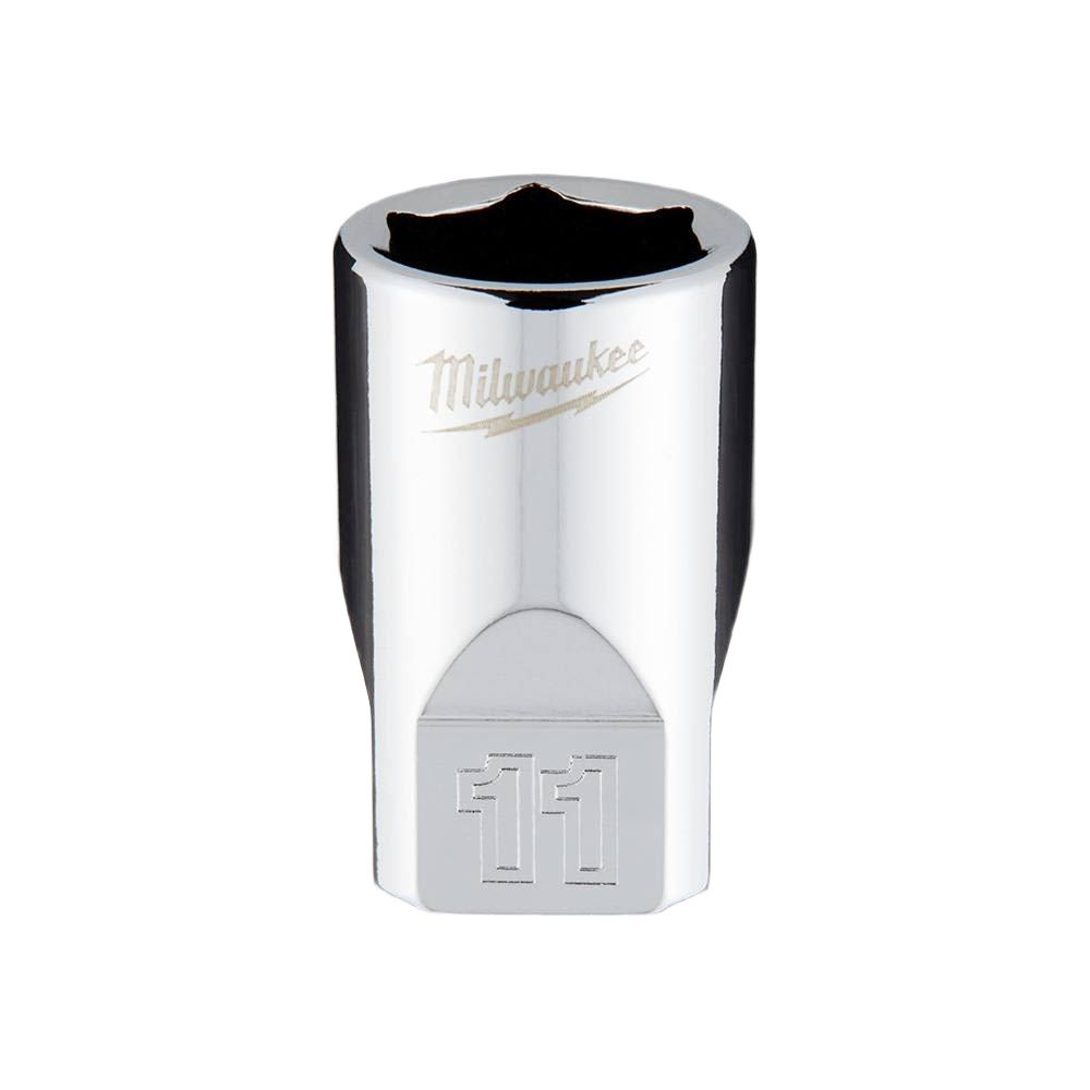 Chrome polished 11mm 6-point socket with FOUR FLAT™ sides for anti-roll and wrench use in hand tools collection