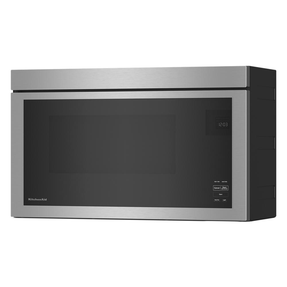 Stainless steel over-the-range microwave with flush built-in design and digital control panel from KitchenAid appliances collection