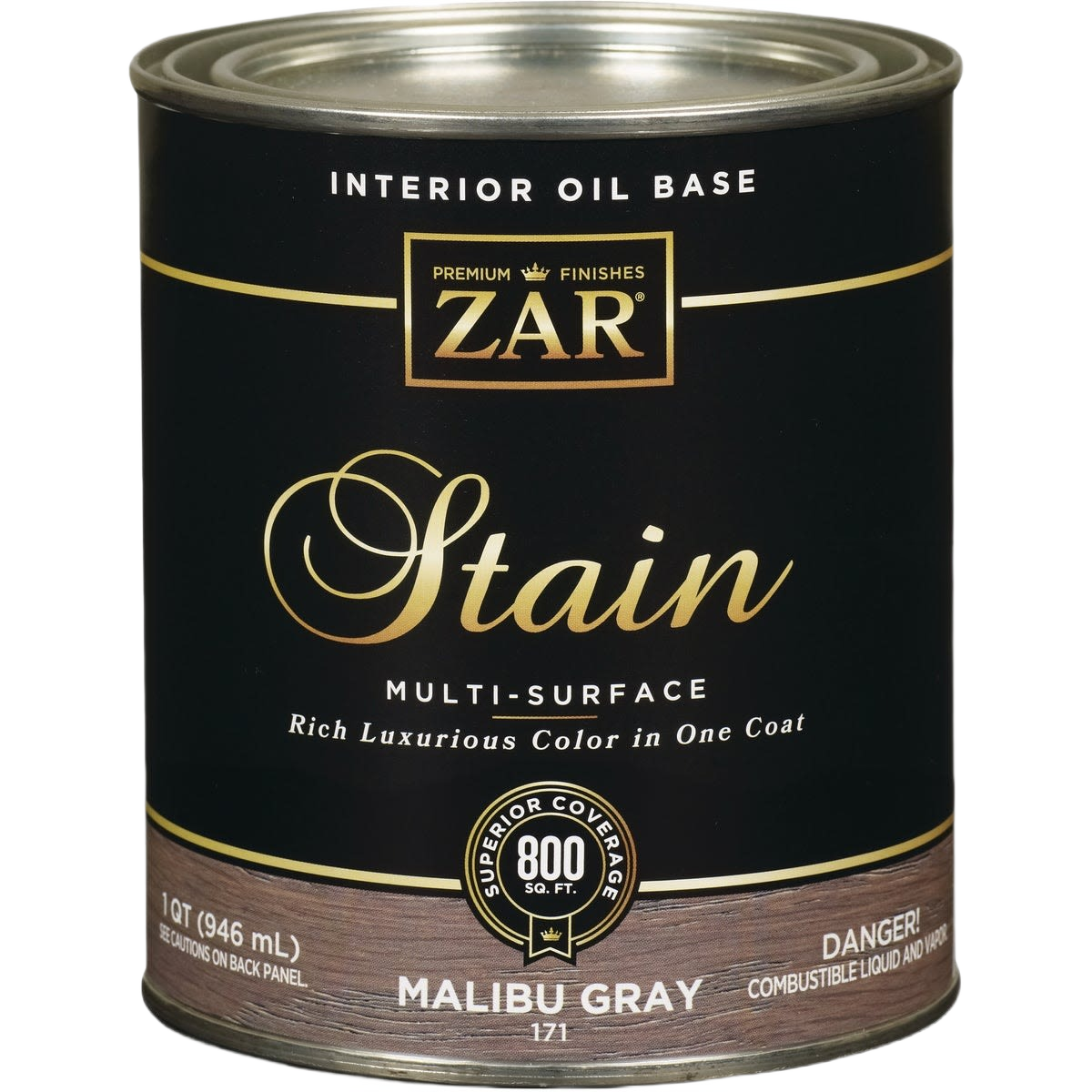 Black and gold can of oil-based multi-surface wood stain in Malibu Gray for interior use under $50 collection