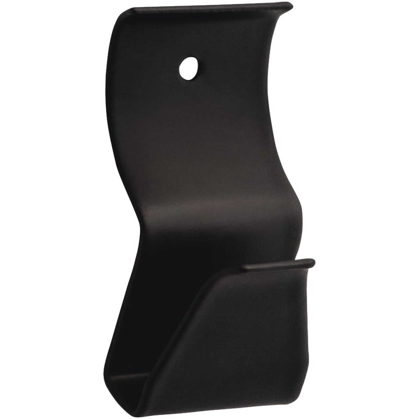 Black steel siding hook with curved design and mounting hole for hanging plants and home improvement tasks