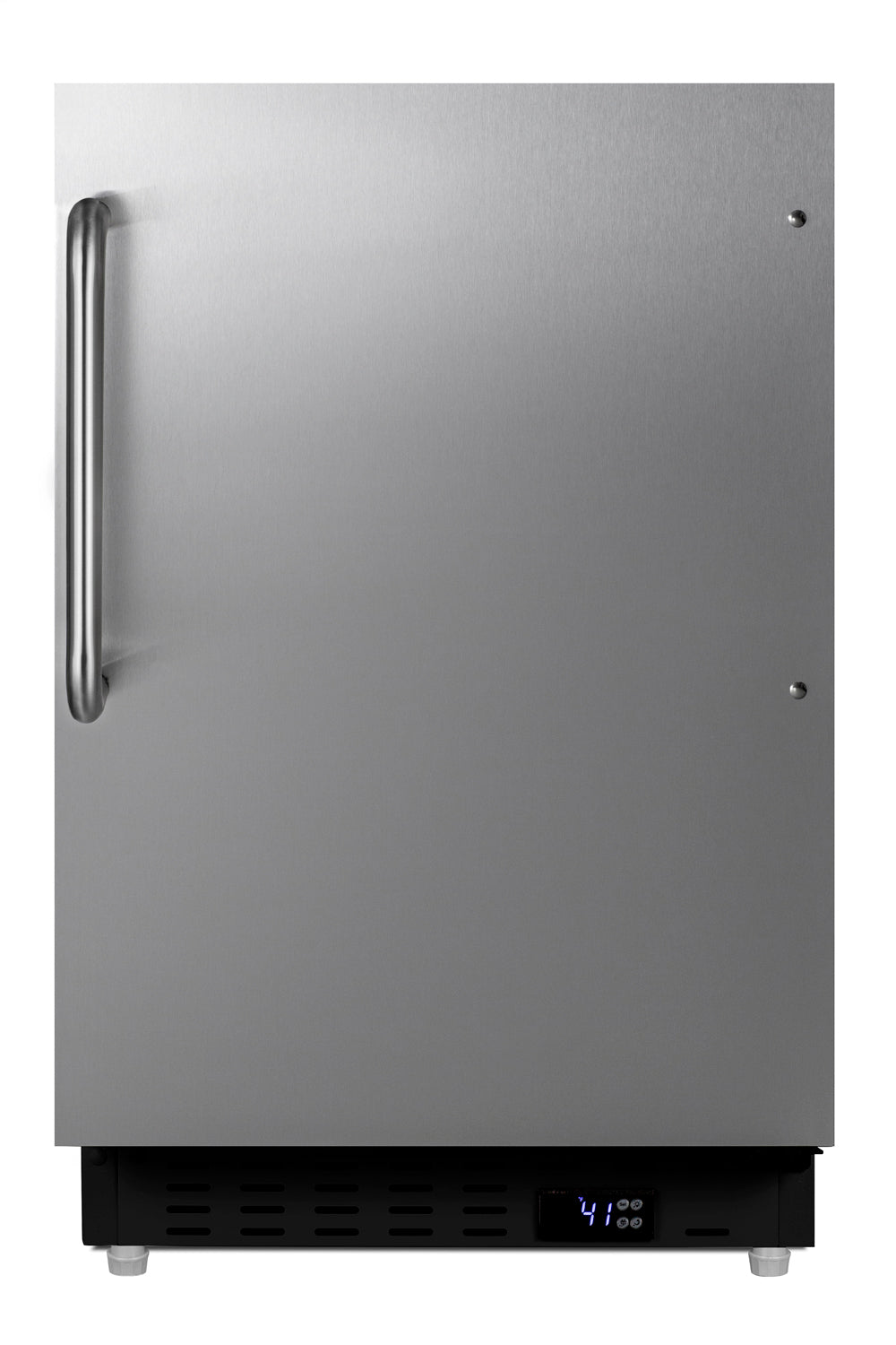Stainless steel built-in undercounter refrigerator with long vertical handle and digital temperature display in kitchen appliances collection