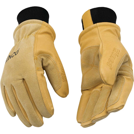 Pair of medium suede pigskin work gloves with elastic knit wrist cuffs for safety and hardware tasks