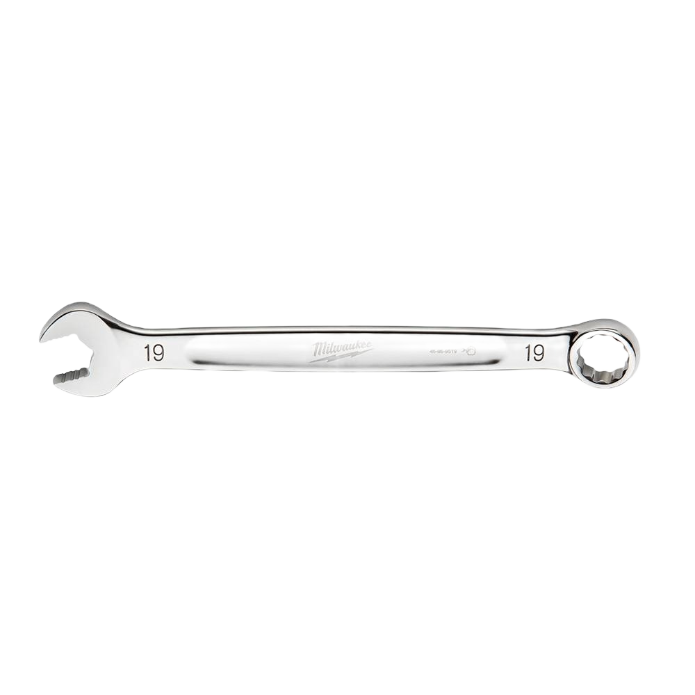 Polished 19-mm metric combination wrench with open and box ends designed for precision tool use in home improvement tasks