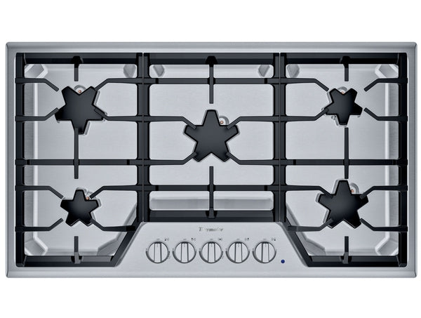 36-inch stainless steel gas cooktop with five burners, star-shaped burners, continuous grates, and front controls in kitchenware collection