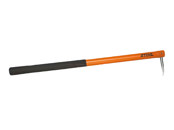 Orange metal hookaroon with black rubber grip and metal hook for moving logs in home improvement tasks