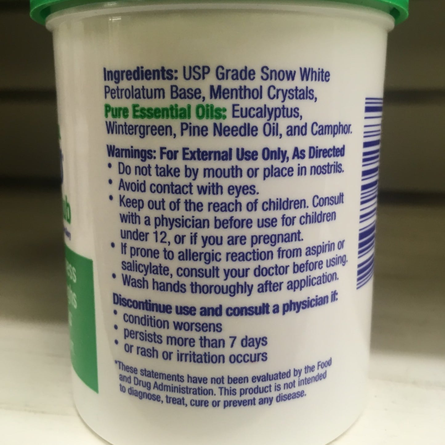 Close-up of Unker’s Rub container label listing natural essential oils and safety warnings in Health & Beauty collection