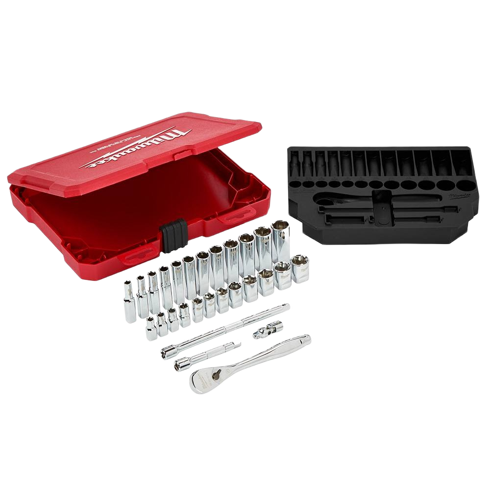 Chrome metric socket and ratchet set with red storage case, part of Milwaukee hand tools for woodworking and home improvement