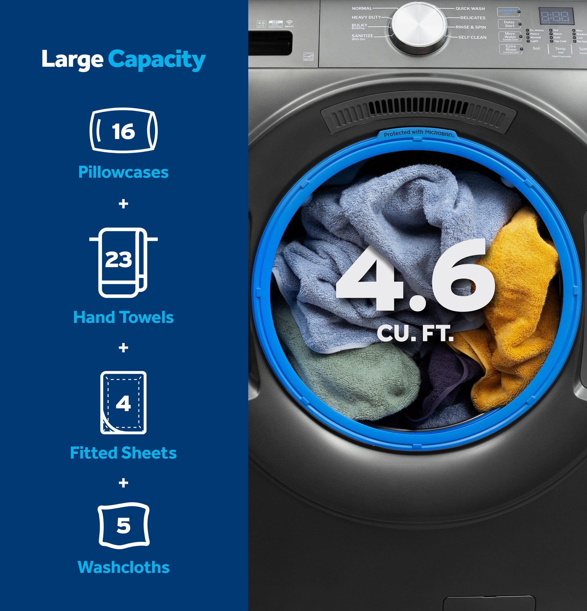 Front load washer in dark gray with blue door seal showing large capacity of 4.6 cu. ft. in washers collection